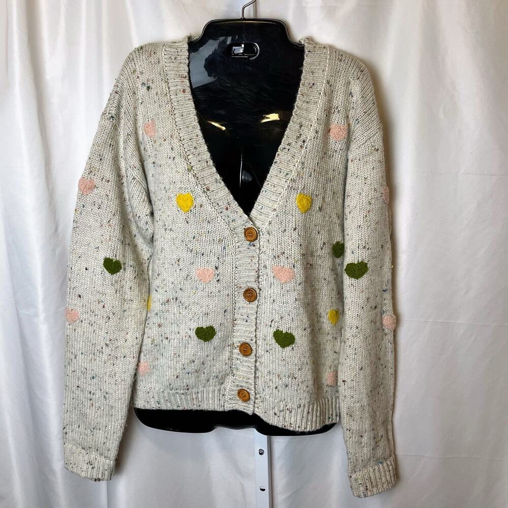 Kersh Cardigan Sweater Large Cream Multicolor Speckle Knit‎ Heart Twee Quirky